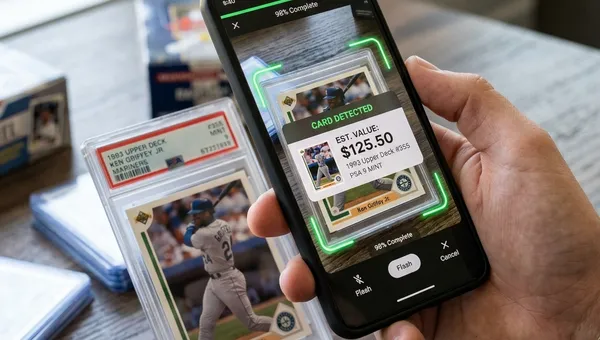 A hand holding a mobile phone running a sports card scanning app over a graded card