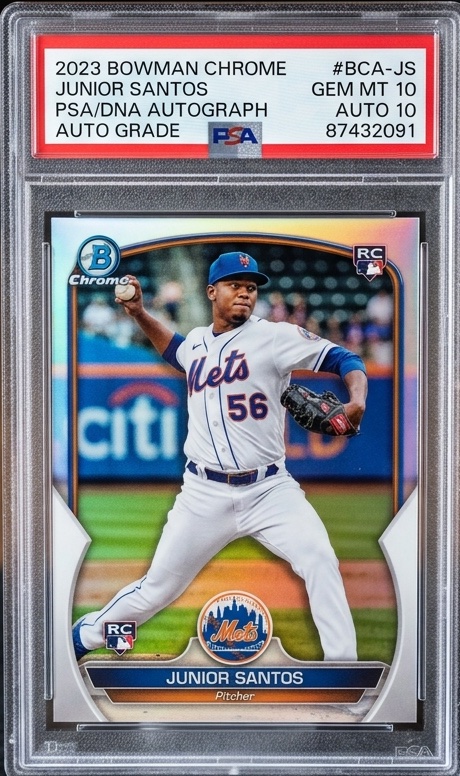 Junior Santos 2023 Bowman Chrome PSA 10 baseball card slab - vintage sports card in protective authentication case showing player details and PSA grading label