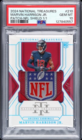 Marvin Harrison Jr. 2024 National Treasures 1/1 PSA 10 football card slab - rare one-of-one rookie card in protective PSA graded case with authentication and grading details visible